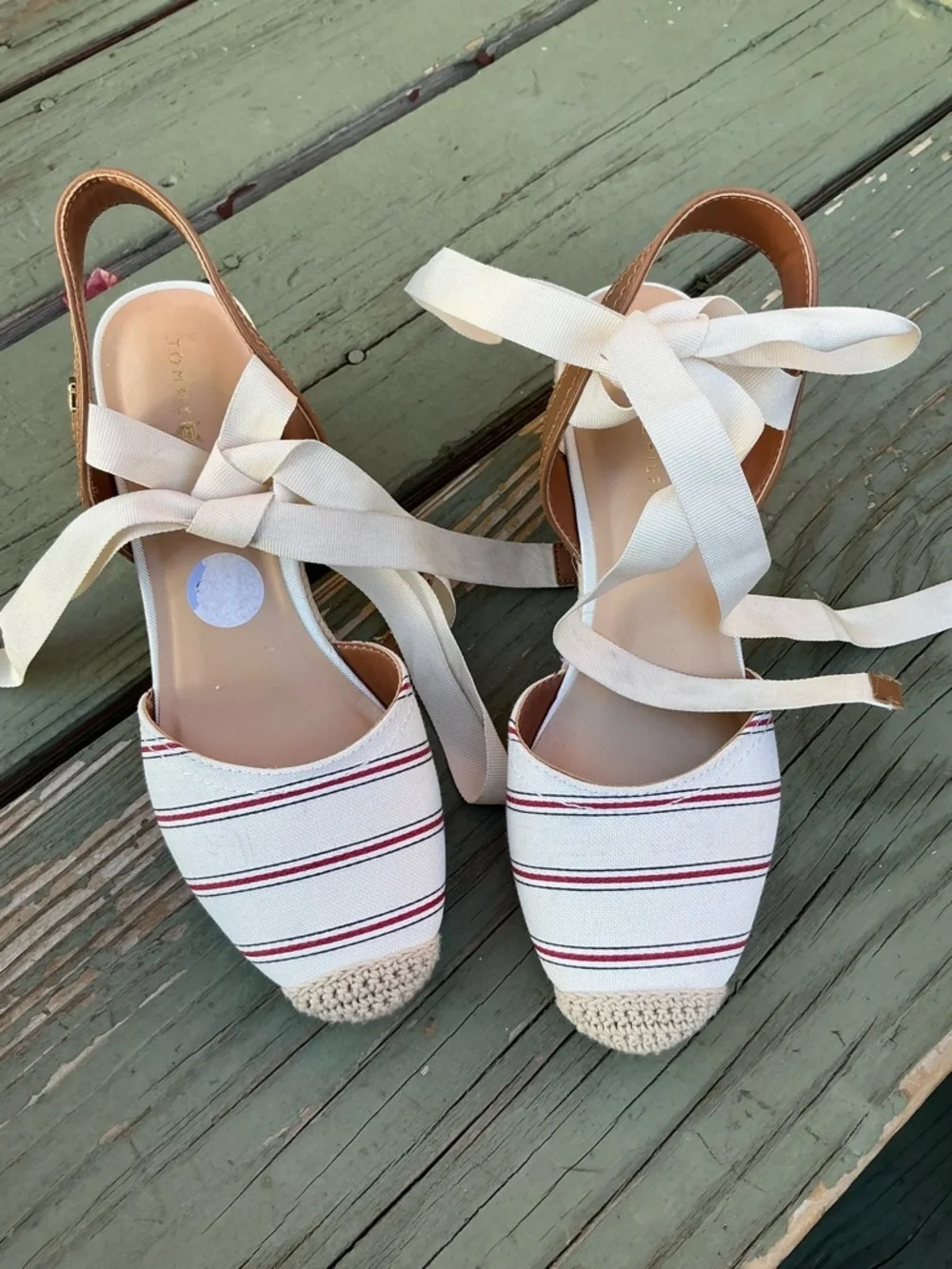 Tommy Hilfiger White Canvas Espadrille Wedges with Red Stripes